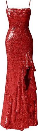 Amazon.com: Spaghetti Straps Sequin Prom Dress Long Mermaid Sparkly Backless Ruffle Formal Evening Gowns with Slit : Clothing, Shoes & Jewelry