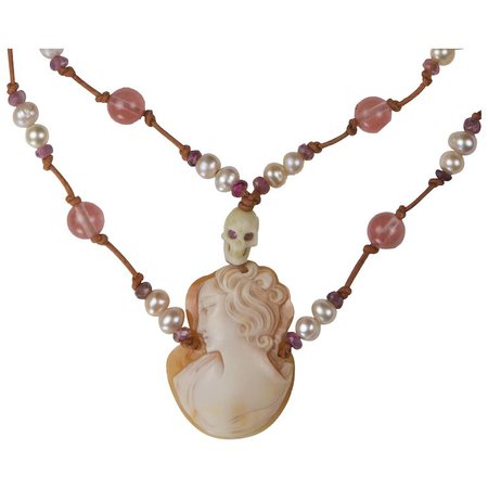 Cameo, Skull, Cultured Pearl and Pink Tourmaline leather cord choker : Goddess in LA | Ruby Lane