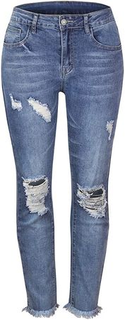 BUYUCFAO Womens Ripped Jeans Mid Rise Mom Jeans Distressed Casual Vintage Boyfriend Jeans for Women Denim High Stretchy Pants at Amazon Women's Jeans store