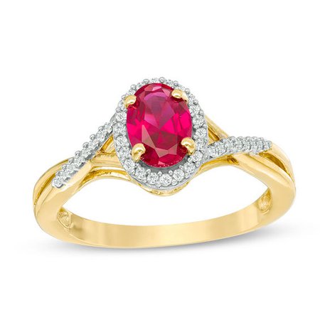 Oval Lab-Created Ruby and 0.13 CT. T.W. Diamond Frame Split Shank Ring in 10K Gold | Oval | Wedding | Peoples Jewellers