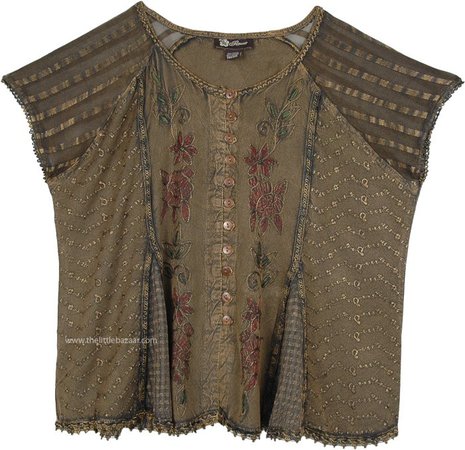 Millbrook Medieval Style Short Top with Embroidery | Tunic-Shirt | Brown | Stonewash, Embroidered, XL-Plus, Misses, Solid