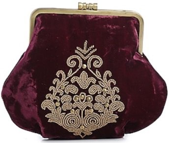 maroon and gold clutch bag