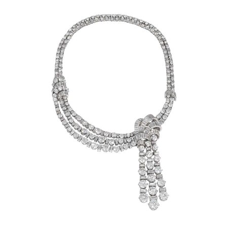 89.84 TCW Diamond Necklace and Removable Diamond Brooch in Platinum and White Gold For Sale at 1stDibs