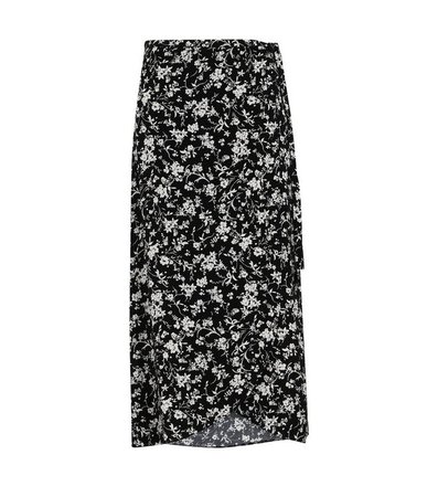 Black Floral Wrap Midi Skirt | New Look