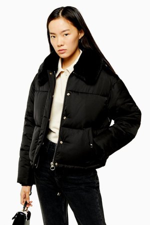 Black Padded Puffer Jacket With Faux Fur Collar | Topshop