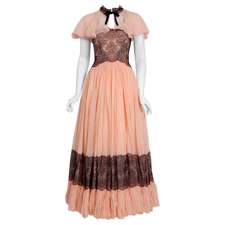 1940's French Couture Pink Silk Chiffon and Black Lace Scalloped Gown w/ Capelet For Sale at 1stDibs