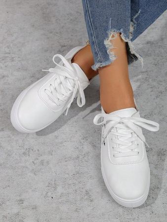 Women's White Shoes, English Style Pure White Leather Sneakers With Lace, Round Toe Low-Cut Flat Skate Shoe, Fashionable Breathable Slip-Resistant Students' Shoes | SHEIN