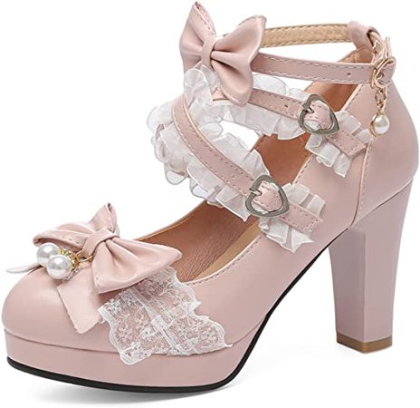 Amazon.com | MS WENDAY Women's Mary Janes Platform Lolita Bows Ankle Buckle Strap Lace Chunky High Heels Pumps Shoes | Shoes