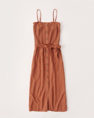 Womens Button-Up Smocked Midi Dress | Womens | Abercrombie.com