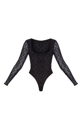 Black Polka Dot Mesh Square Neck Bodysuit | PrettyLittleThing