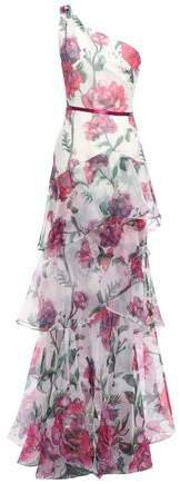 One-shoulder Satin-trimmed Floral-print Organza Gown