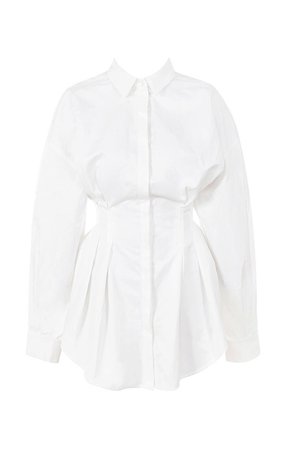 Clothing : Bodycon Dresses : 'Maddalena' White Cinched Waist Shirt Dress