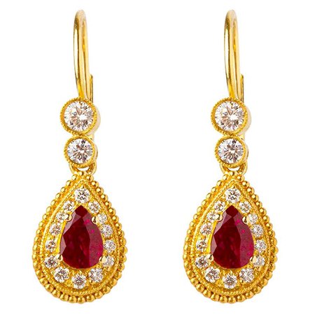 Handcrafted 24K Gold Tear Drop Ruby Solitaire Earrings For Sale at 1stDibs