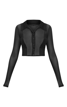 Black Sheer Mesh Long Sleeve Crop Shirt | PrettyLittleThing AUS