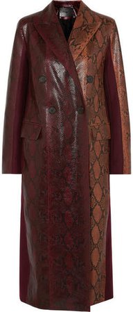 Double-breasted Python-effect Leather And Wool-twill Coat - Burgundy