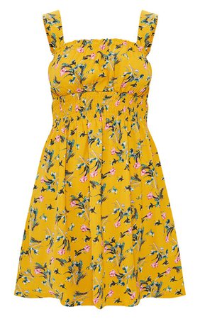 Mustard Floral Frill Detail Skater Dress | PrettyLittleThing