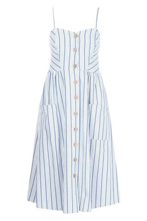 Stripe Button Through Linen Midi Dress | Boohoo UK