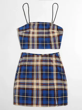 blue Plaid Cami Top & Split Hem Skirt Set | SHEIN USA