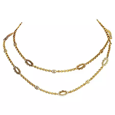 Victorian 34 Inch 18k Yellow Gold Fancy Link Chain Necklace For Sale at 1stDibs