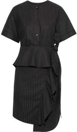 Asymmetric Ruffled Pinstriped Linen-blend Mini Dress