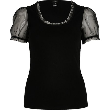 Black mesh short sleeve scoop neck T-shirt | River Island
