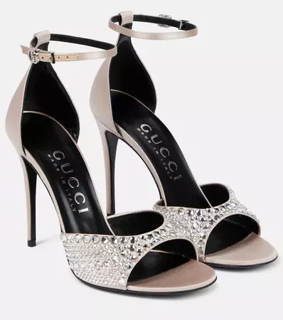 Crystal Embellished Satin Sandals in Beige - Gucci | Mytheresa