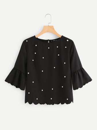 Pearl Beading Trumpet Sleeve Scalloped Top