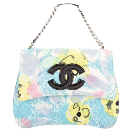 Chanel Rare Vintage 1997 Floral Turquoise Quilted Logo CC Classic Flap Bag For Sale at 1stDibs