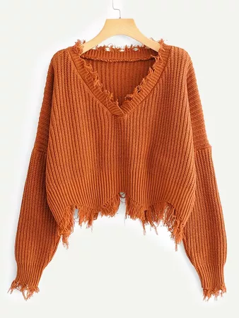 Frayed Trim Drop Shoulder Sweater | SHEIN USA