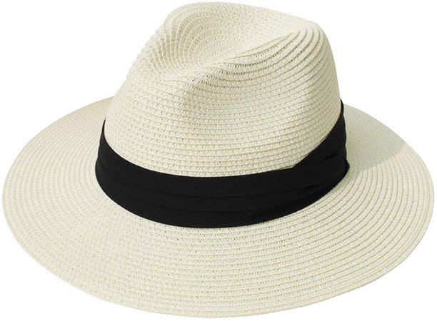 Lanzom Women Wide Brim Straw Panama Roll up Hat Fedora Beach Sun Hat UPF50+ (Beige) at Amazon Women’s Clothing store