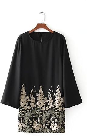 princessdresscode Women Round Neck Mini Dress with Embellishged Embroidery (One Size) Black at Amazon Women’s Clothing store