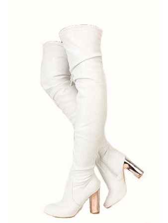 White Knee High Boots with Gold Mirror Heel