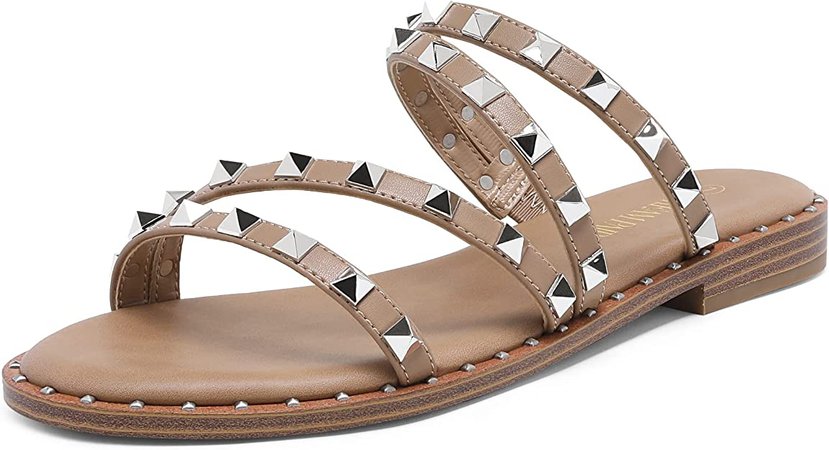 Amazon.com | DREAM PAIRS Women's Clear Studded Rhinestone Slide Sandals Slip on Open Toe Cute Flat Sandals for Summer | Slides