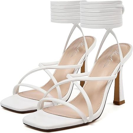 Amazon.com | Mostrin White Strappy Heels for Women Lace Up Heels Tie Up Stiletto Heeled Sandals Square Open Toe High Heels for Prom, Party and Weddings Size 8 | Shoes