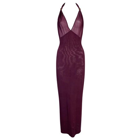 S/S 2001 Christian Dior John Galliano Sheer Burgundy Mesh Plunging Maxi Dress For Sale at 1stDibs