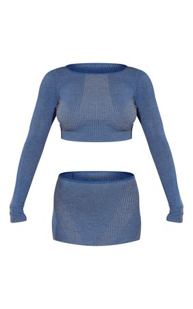 RENEW Blue Two Tone Knit Crop Top & Mini Skirt Set | PrettyLittleThing USA
