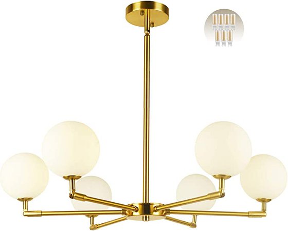 Amazon.com: BAODEN 6-Lights Globe Mid Century Chandelier Modern Sputnik Pendant Light Fixture with G9 Bulb Brushed Brass Finished with White Globe Glass Lampshade Dining Kitchen Island Bedroom Lighting (Gold) : Everything Else