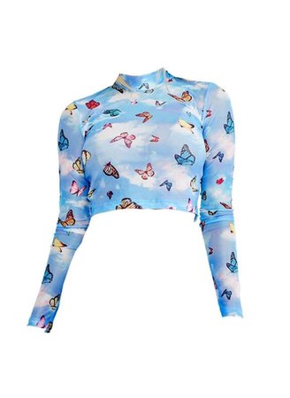 blue cloud butterfly sheer crop top shirt