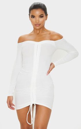 White Ribbed Bardot Ruched Dress | Dresses | PrettyLittleThing