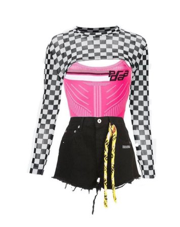 pink black and white checkered shorts outfit