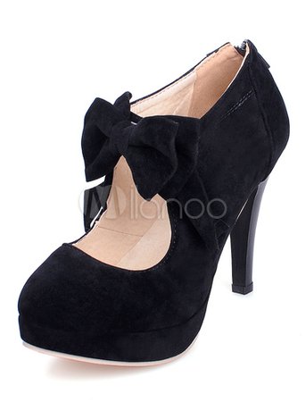 Black High Heels Suede Platform Round Toe Bow Mary Jane Shoes - Milanoo.com