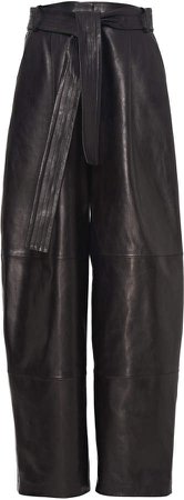 Belted Leather Wide-Leg Pants