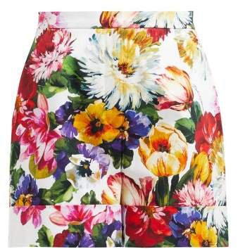 Floral Print High Waisted Cotton Shorts - Womens - White Multi
