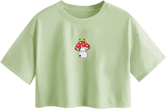 SAFRISIOR Women Mushroom Frog Print Graphic Crop T-Shirt Loose Round Neck Short Sleeve Aesthetic Crop Tee Shirt Top 90s Pea Green at Amazon Women’s Clothing store