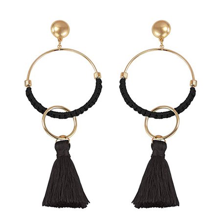 Long Tassel Earrings, Gold Linked Hoop Handmade Fringe Drop Earrings, Turquoise (Black): Clothing