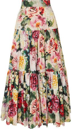 Tiered Ruffled Floral-print Cotton-poplin Maxi Skirt - Ivory