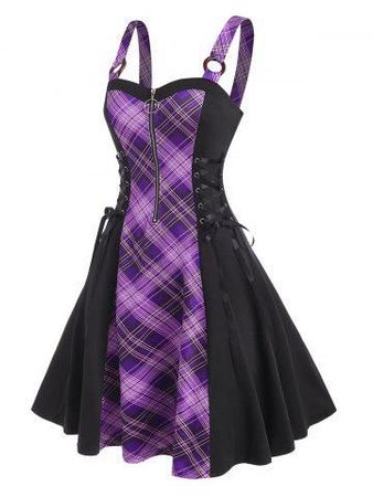 purple tartan and black punk dress