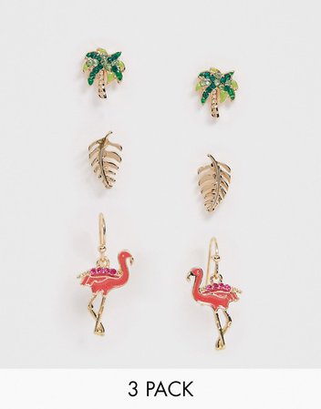 ASOS DESIGN pack of 3 earrings in tropical palm tree and flamingo design in gold tone | ASOS