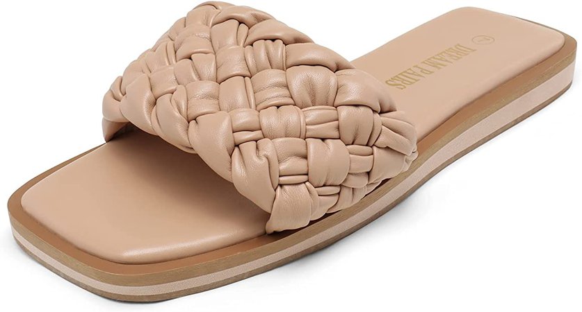 Amazon.com | DREAM PAIRS Women's Square Open Toe Slide Sandals Cute Slip on Braided Strap Rhinestone Flat Sandals for Summer | Slides