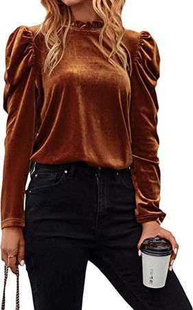 GORGLITTER Women's Frill Trim Mock Neck Velvet Blouse Top Puff Long Sleeve Elegant Shirts Rust Brown Medium at Amazon Women’s Clothing store